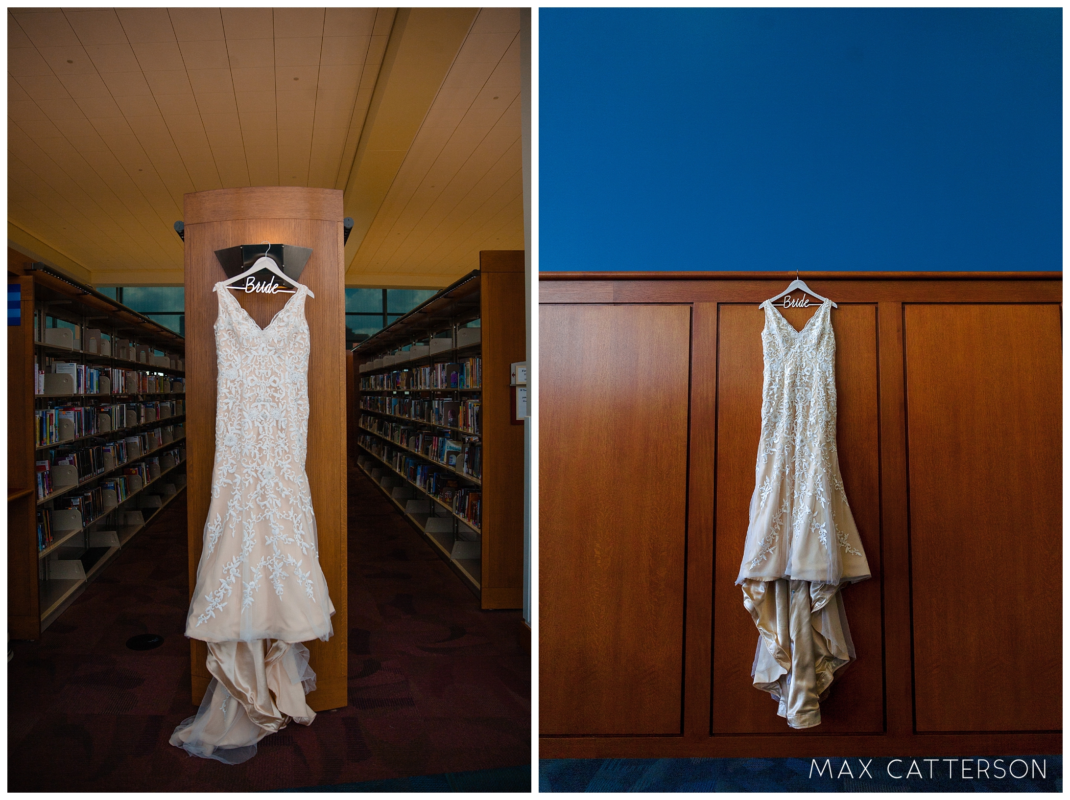wedding dress in library