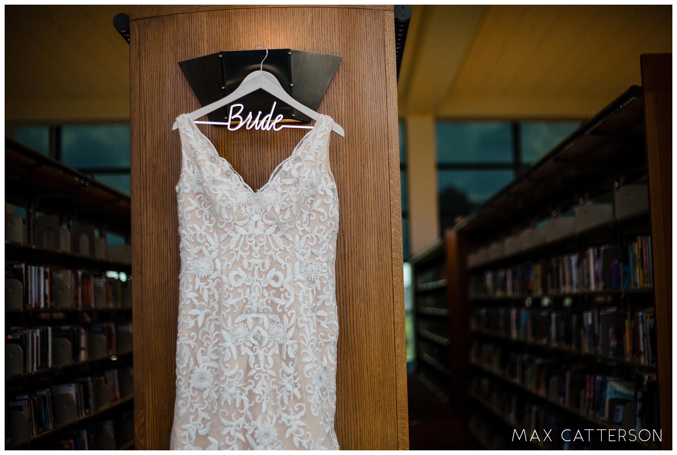 wedding dress in library