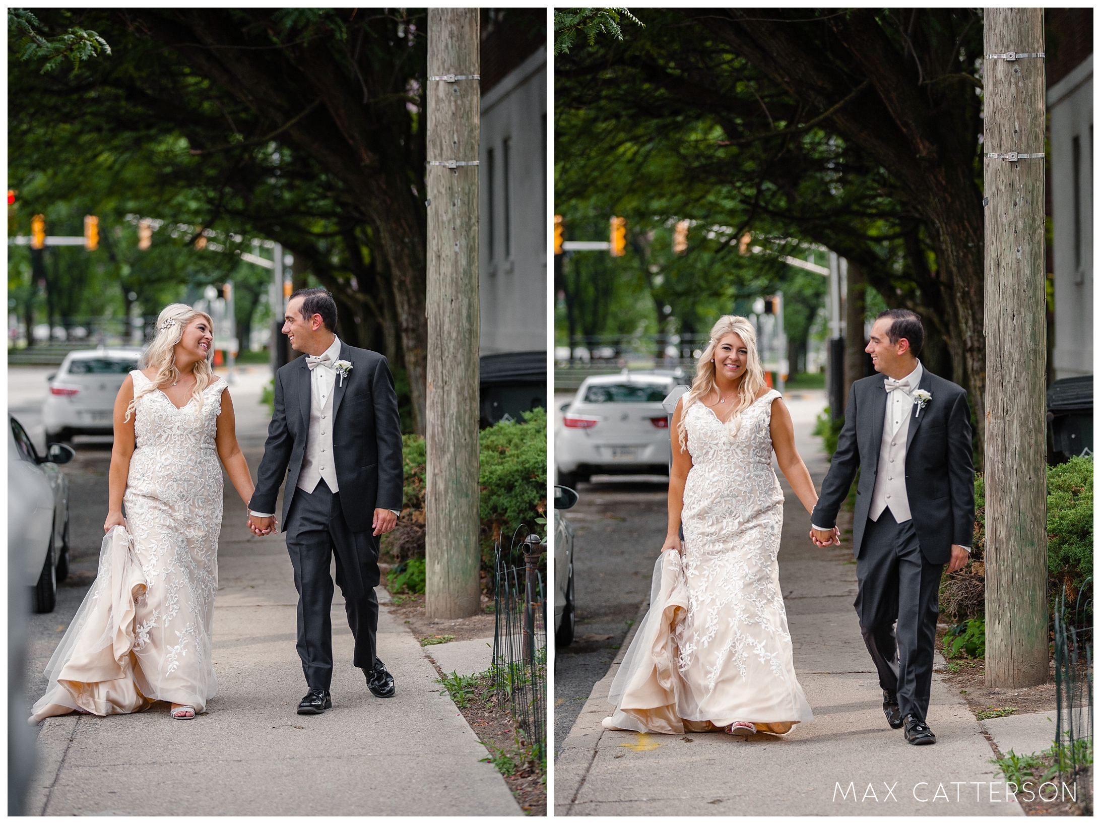 bride and groom walking down the sidewalk