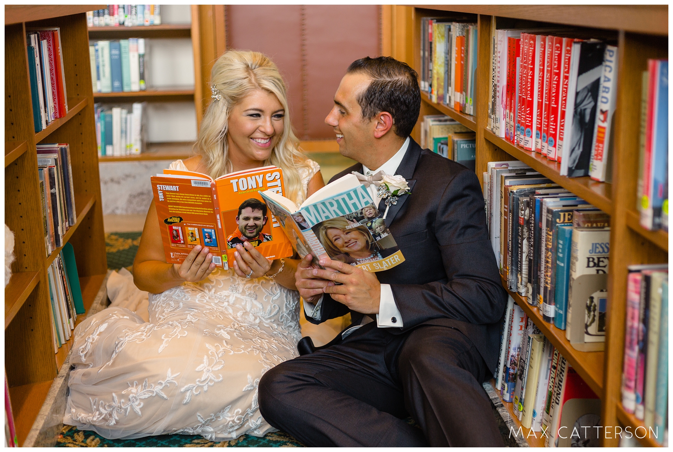 bride and groom in library