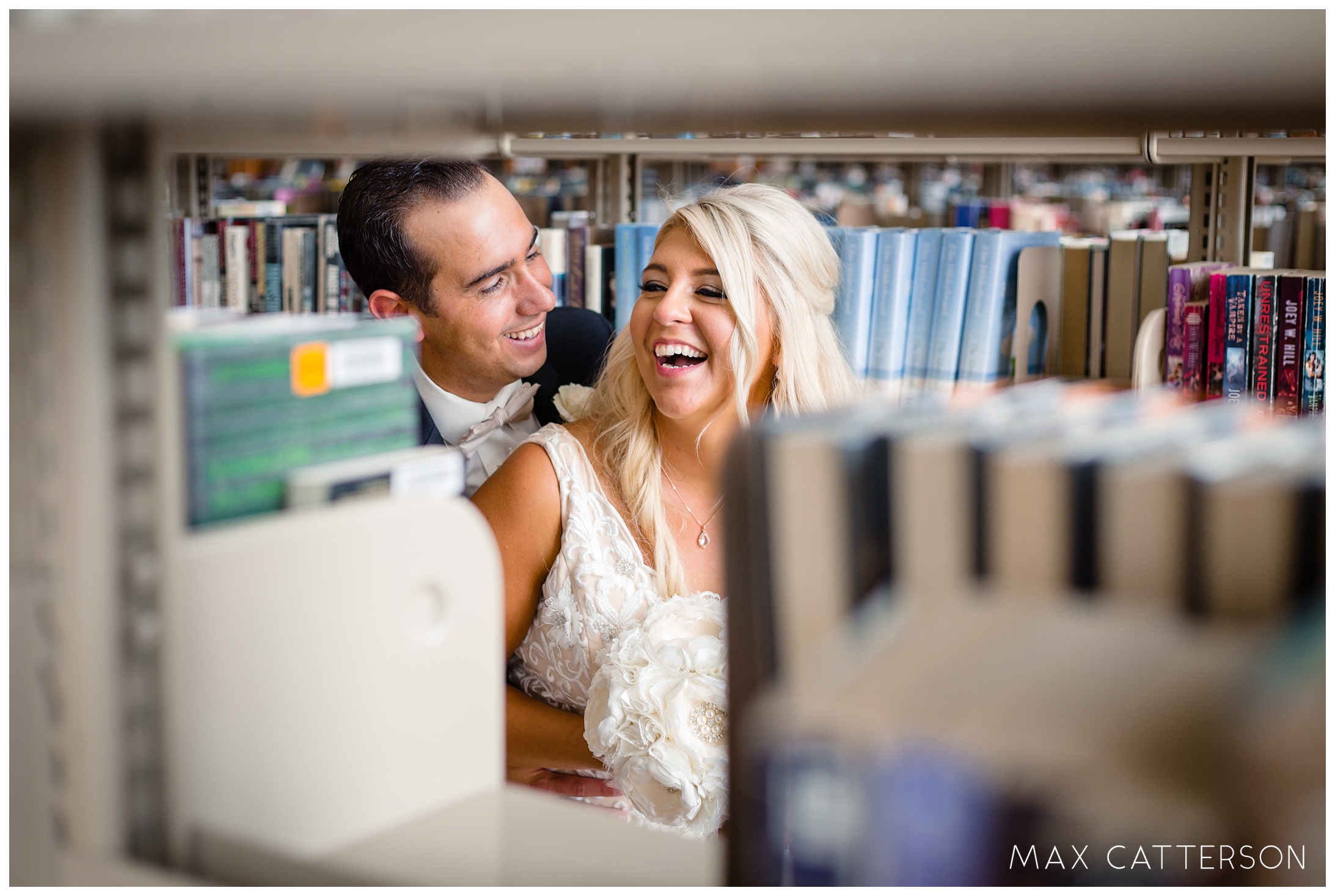 bride and groom bookshelf