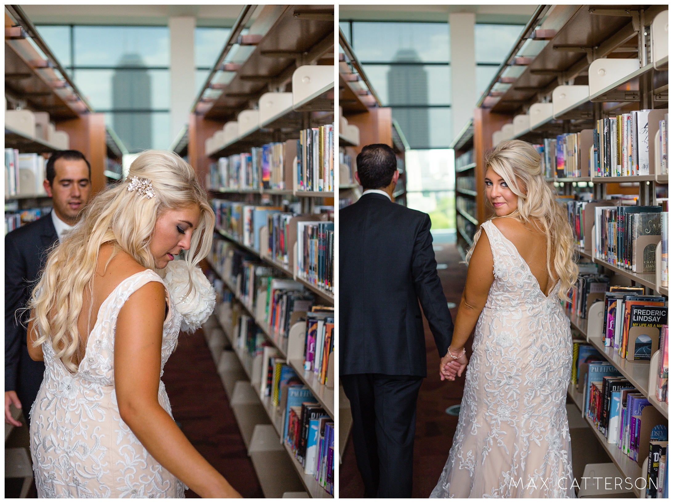 bride and groom walking through library