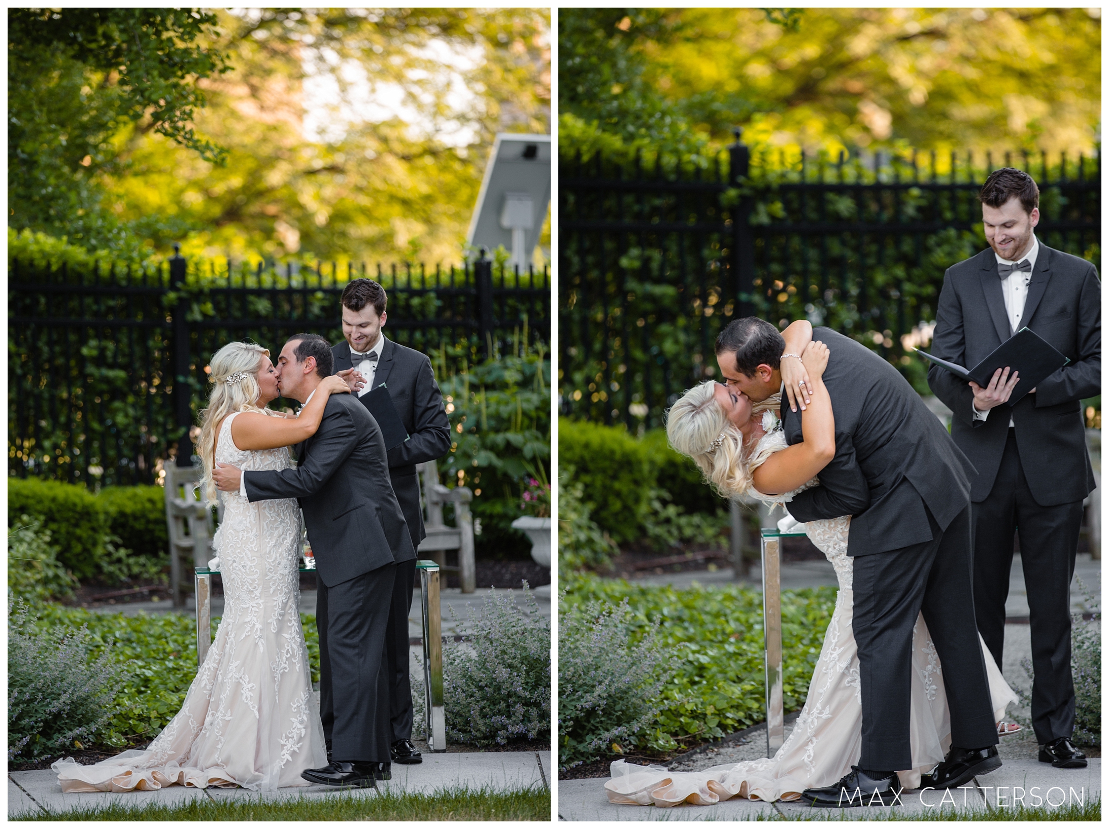 bride and groom first kiss