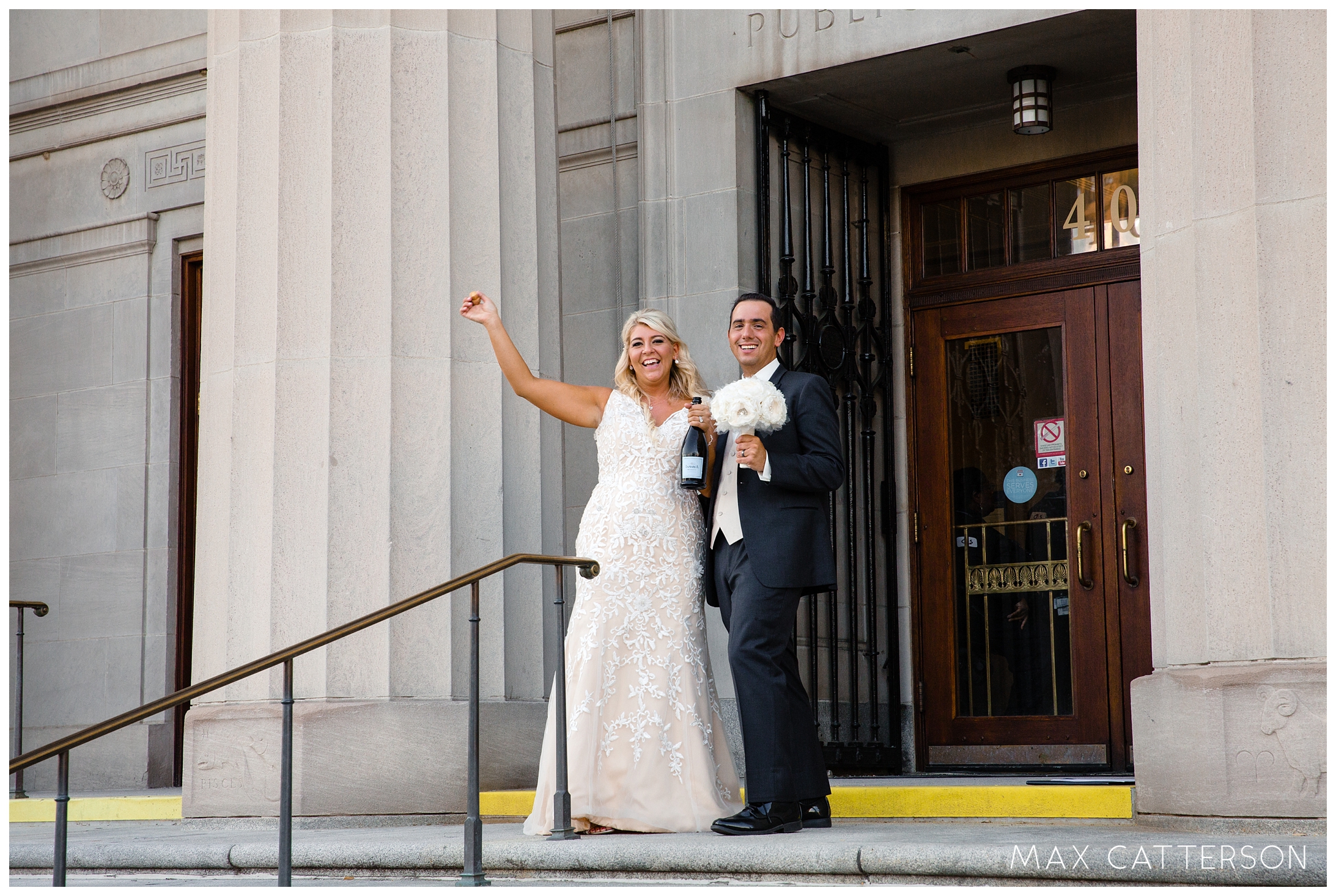 bride and groom popping bubbles